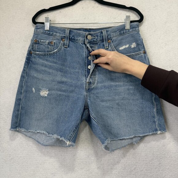 Levis 501 Shorts Womens 29 Blue Denim High Rise Button Fly Cutoff Distressed - Picture 3 of 11